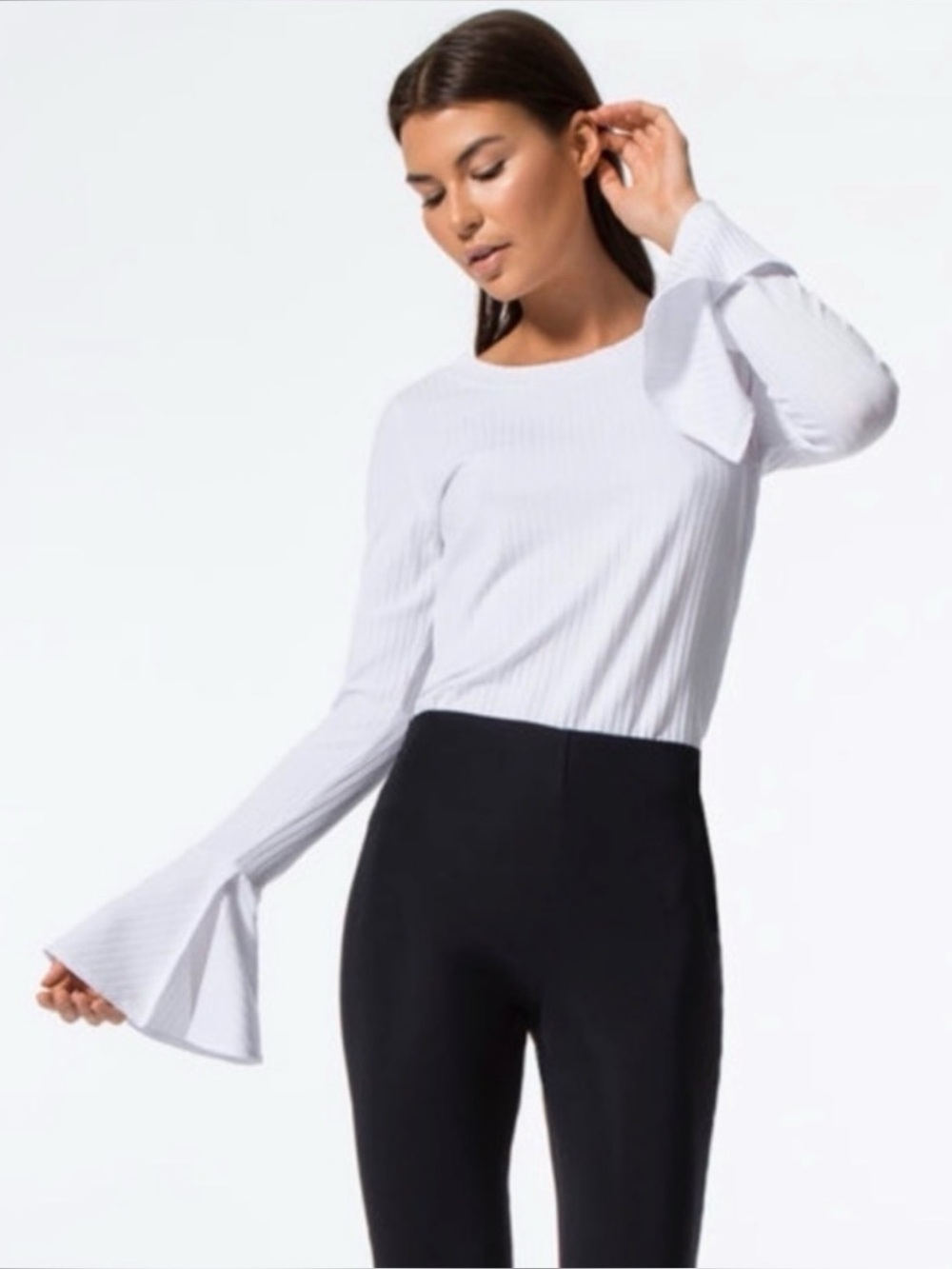 Carbon38 White Ribbed Long-Sleeve London Top Bell sleeve